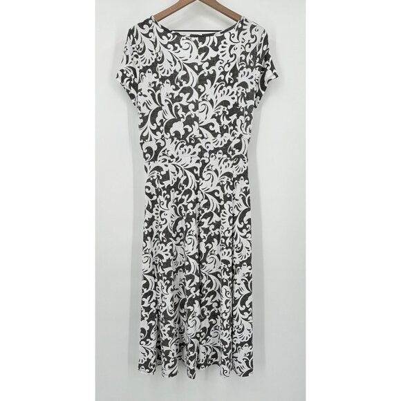 Perceptions Dress Short Sleeve Scroll Puff Print Midi Fit Flare Women Large Gray - Picture 4 of 10
